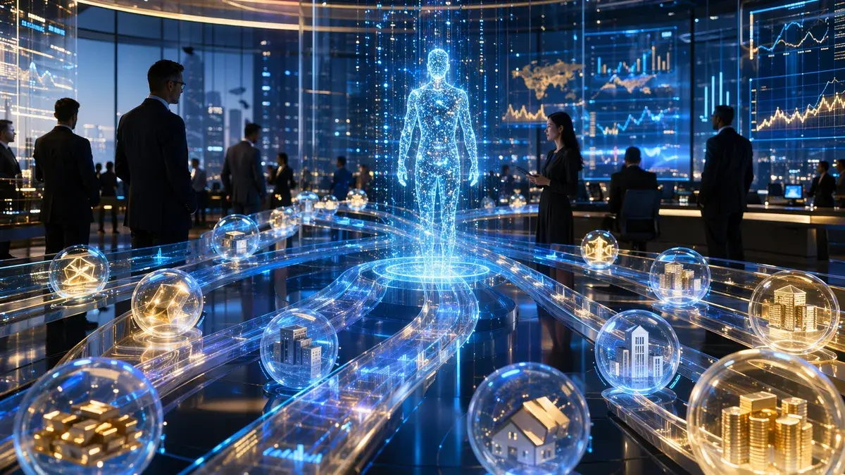 AI agent and tokenized asset streams converge in a futuristic fintech trading environment.