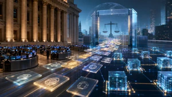 Tokenized stock tiles flow through a regulatory gate into a blockchain finance network.