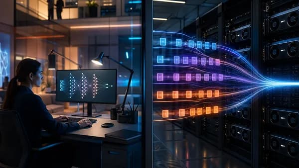 Split tech hub showing simple AI deployment versus powerful GPU inference servers with neural data streams.