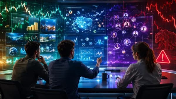 Beginner traders compare stock investing, research tools, social trading, and CFD risk on a modern trading floor.