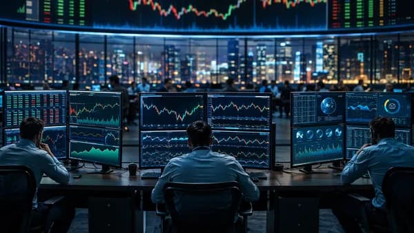Generic trading floor with competing broker dashboards, market charts, crypto data, and traders analyzing screens