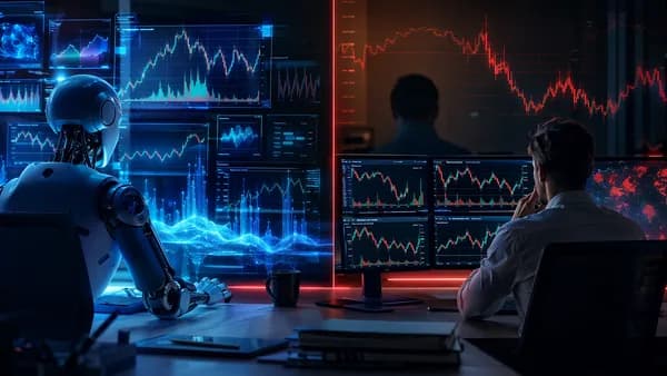 Trading desk showing AI bot and copy trader concepts with volatile market data and risk signals.