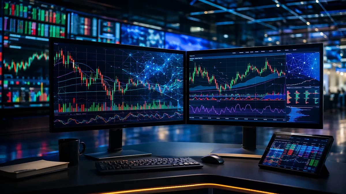 Side-by-side trading monitors showing charts, automation overlays, and market data in a modern trading setup.