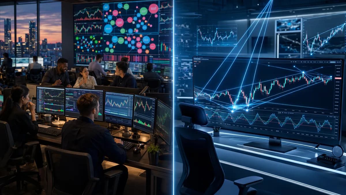 Split trading desks contrast community charting with automated swing trading analysis.
