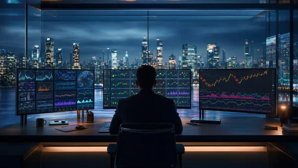 Trader comparing three market analysis dashboards with charts and automated signals in a modern trading room