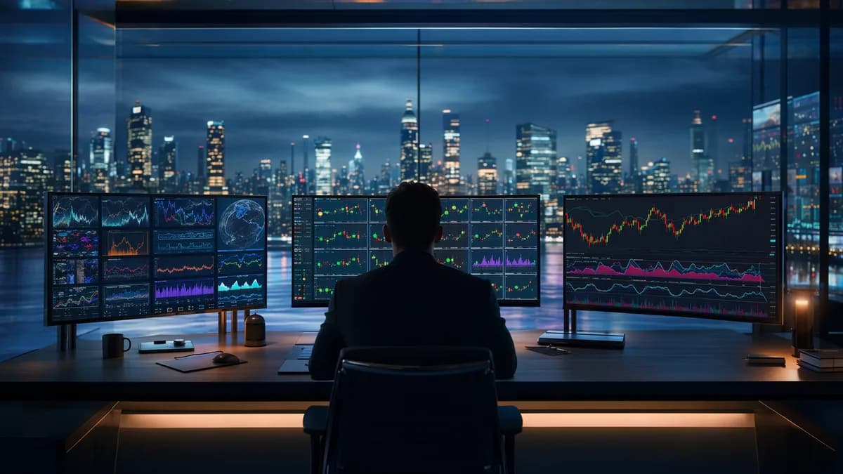 Trader comparing three market analysis dashboards with charts and automated signals in a modern trading room