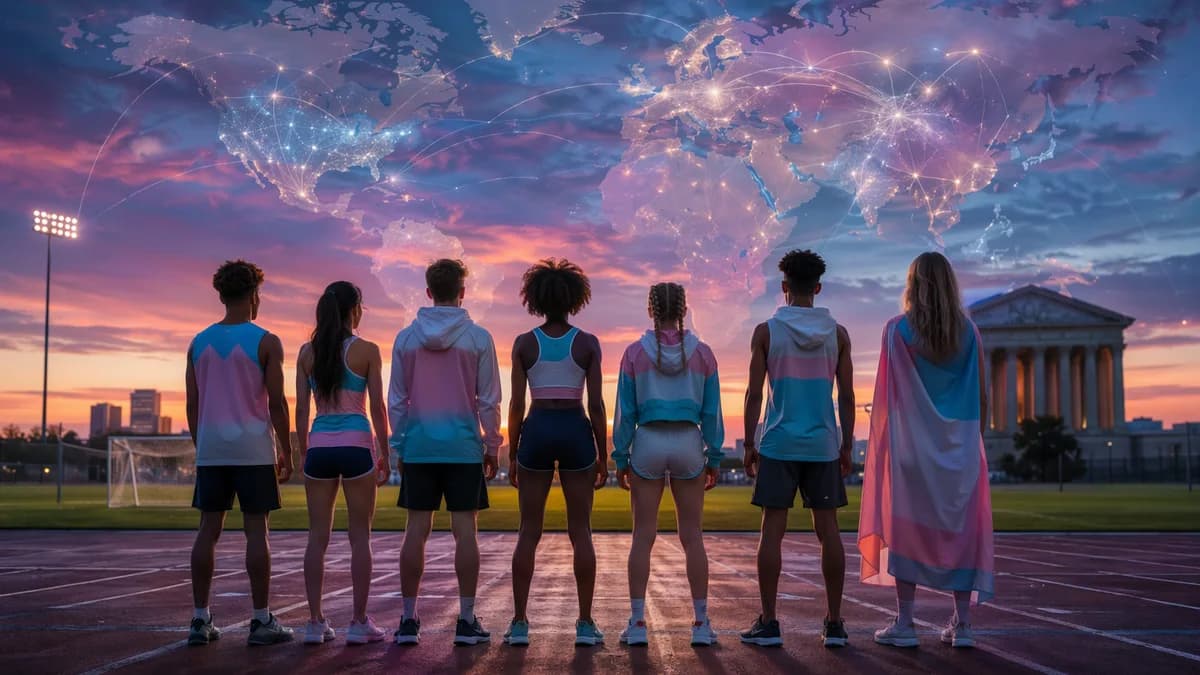 Teen athletes on a track before courthouse silhouettes, with global map connections and hopeful lighting.