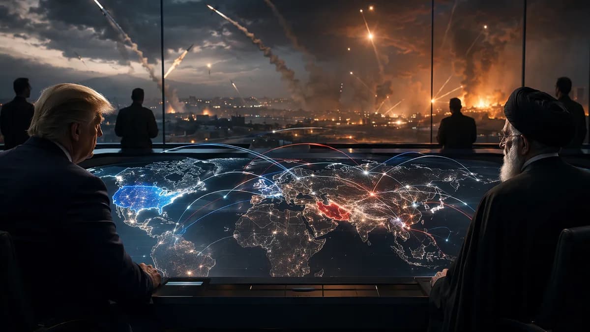 Tense world map scene showing US-Iran escalation, missile trails, and opposing diplomatic silhouettes.