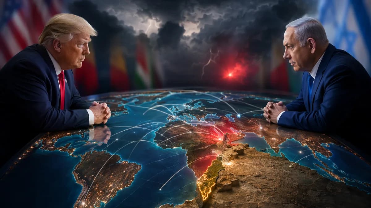Tense diplomatic scene over a glowing world map highlighting Lebanon and the eastern Mediterranean.
