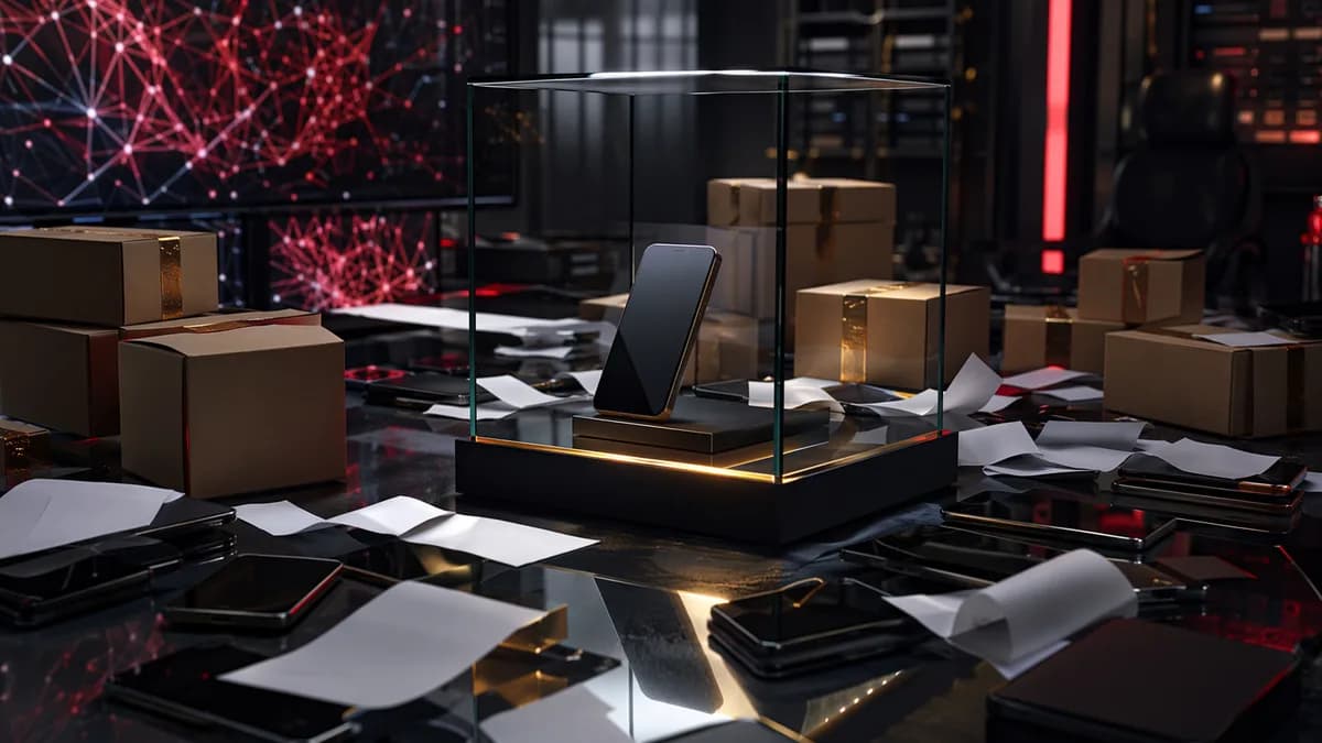 Unbranded smartphone prototype in a futuristic lab with unopened boxes, suggesting a delayed launch.