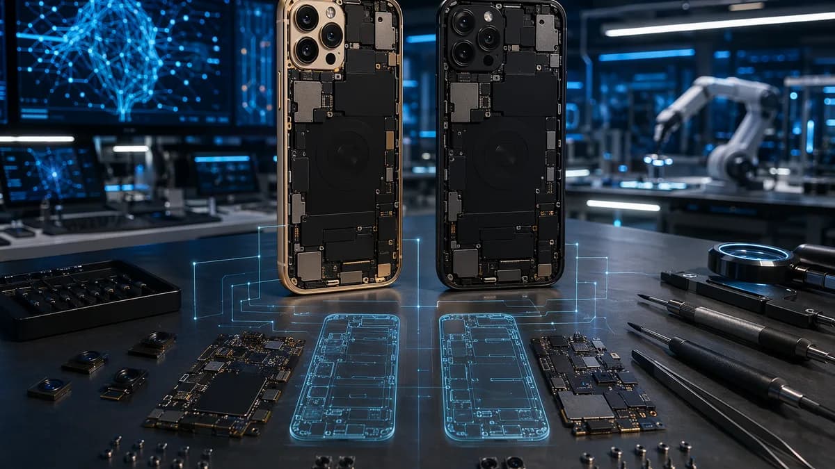 Teardown bench showing two nearly identical smartphones with exposed internal components.