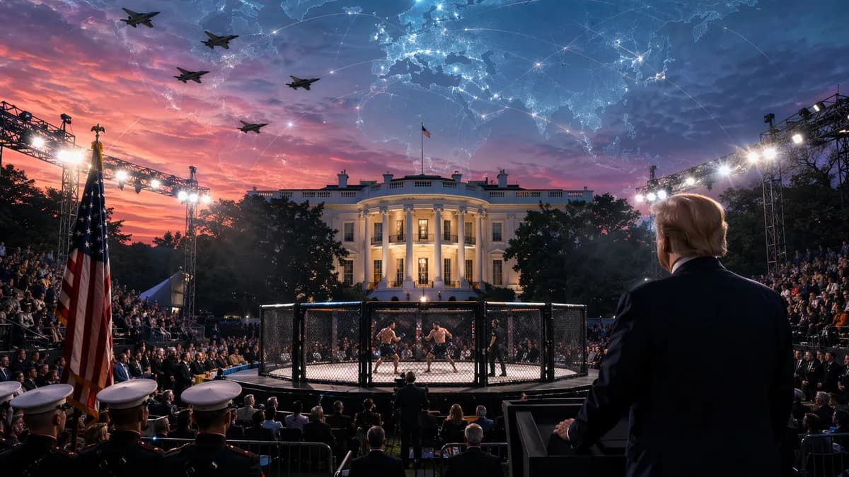 White House lawn staged as a UFC cage fight spectacle with military pageantry and global map connections.