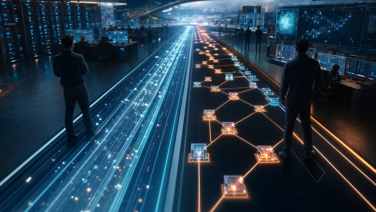 Futuristic CI pipeline hub showing fast data lanes and structured dependency graphs in a tech workspace.