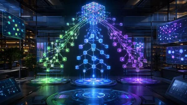 Futuristic workspace showing three abstract monorepo pipeline paths and interconnected build graphs.