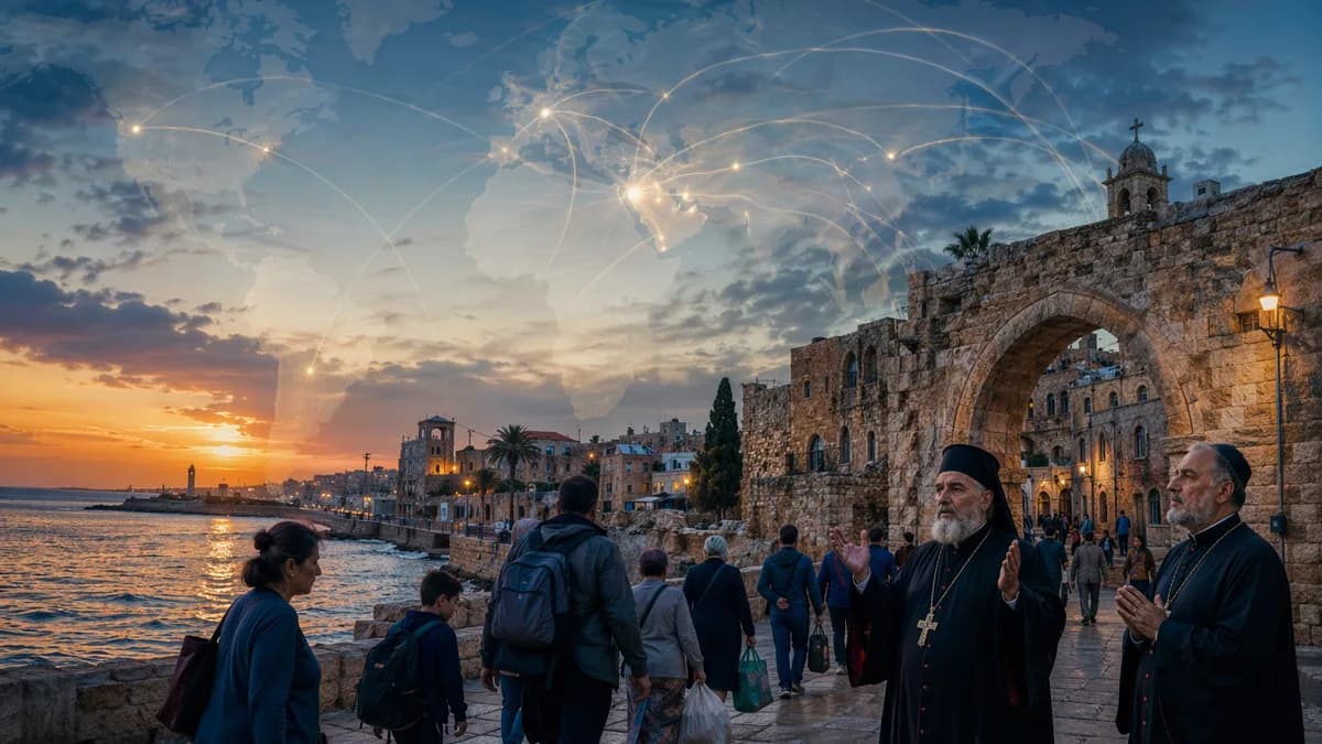 Clergy and residents in ancient Tyre under a global map overlay, evoking urgent international action.