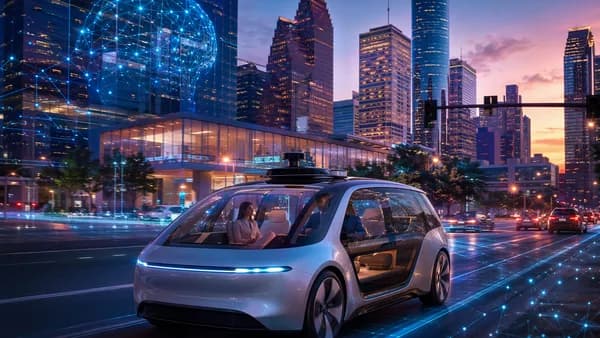 Premium autonomous robotaxi driving through futuristic Houston streets at dusk with AI network visuals.