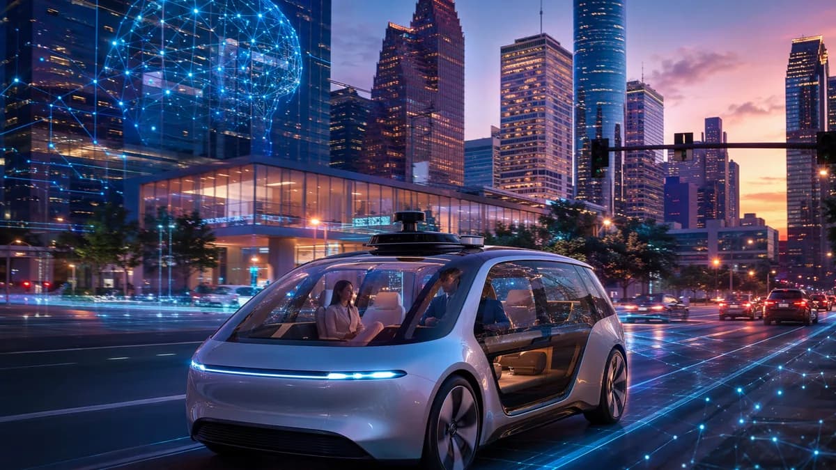 Premium autonomous robotaxi driving through futuristic Houston streets at dusk with AI network visuals.