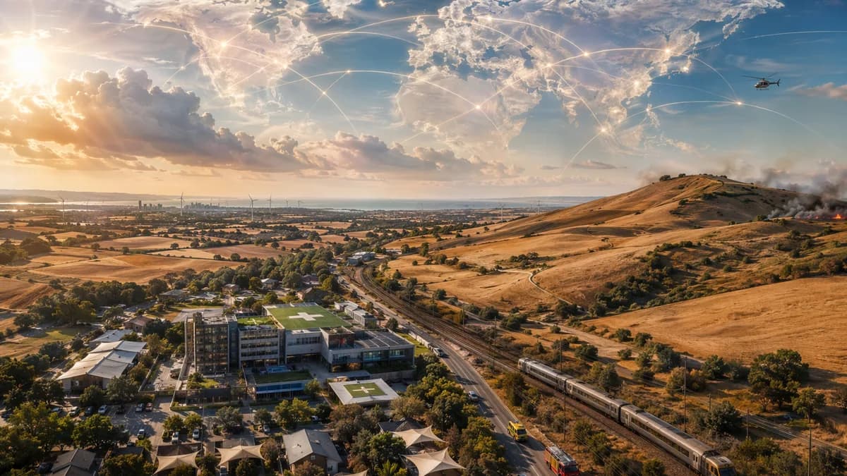 UK countryside and infrastructure under extreme heat, with global climate connection lines in the sky