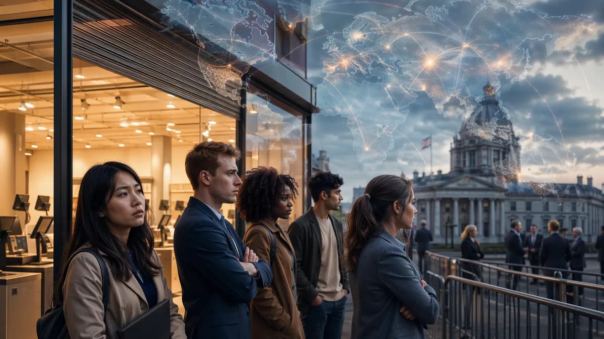 Young UK job seekers outside retail shops with policy barriers and global economic map overlay.