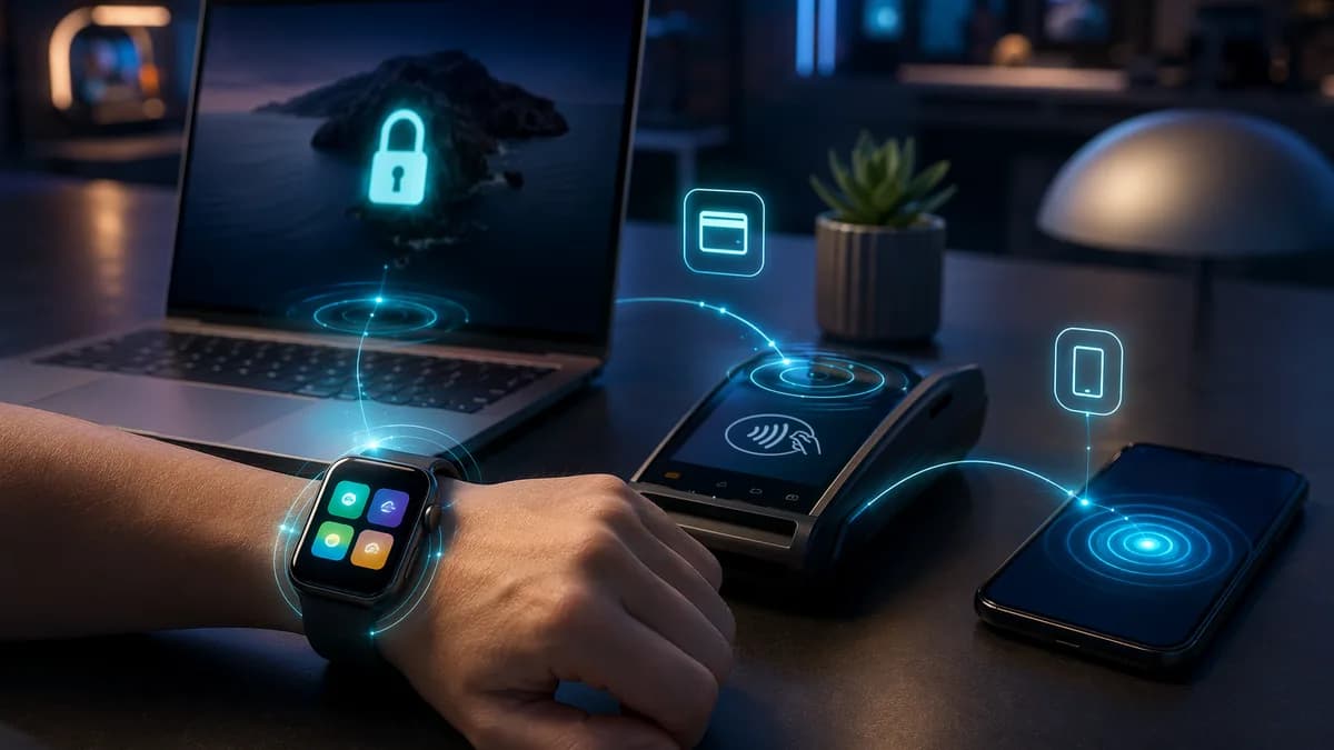 Generic smartwatch powering everyday shortcuts across laptop, phone, and payment devices in a modern tech workspace.