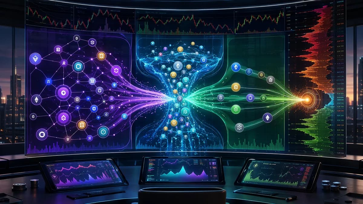 Futuristic crypto trading desk showing multiple swap routes and liquidity paths across market data screens.