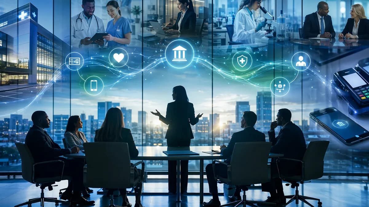 Healthcare payments strategy scene linking banking, hospitals, insurers and life sciences with digital finance visuals