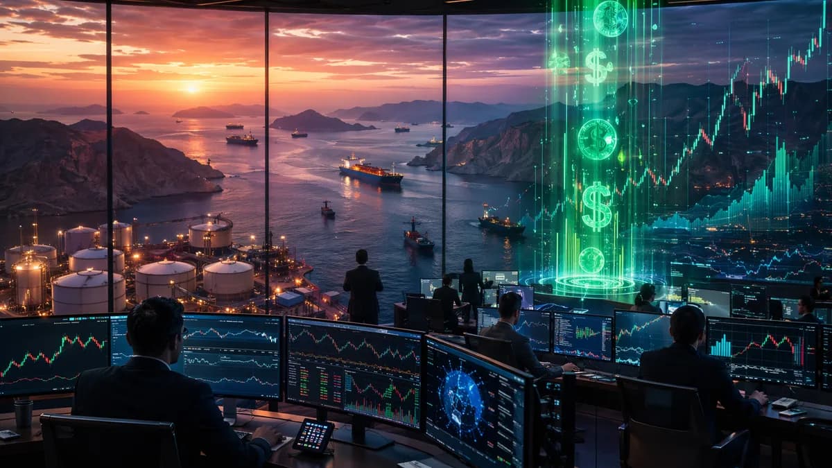 Trading floor with oil tankers near Hormuz and resilient market charts under cinematic lighting