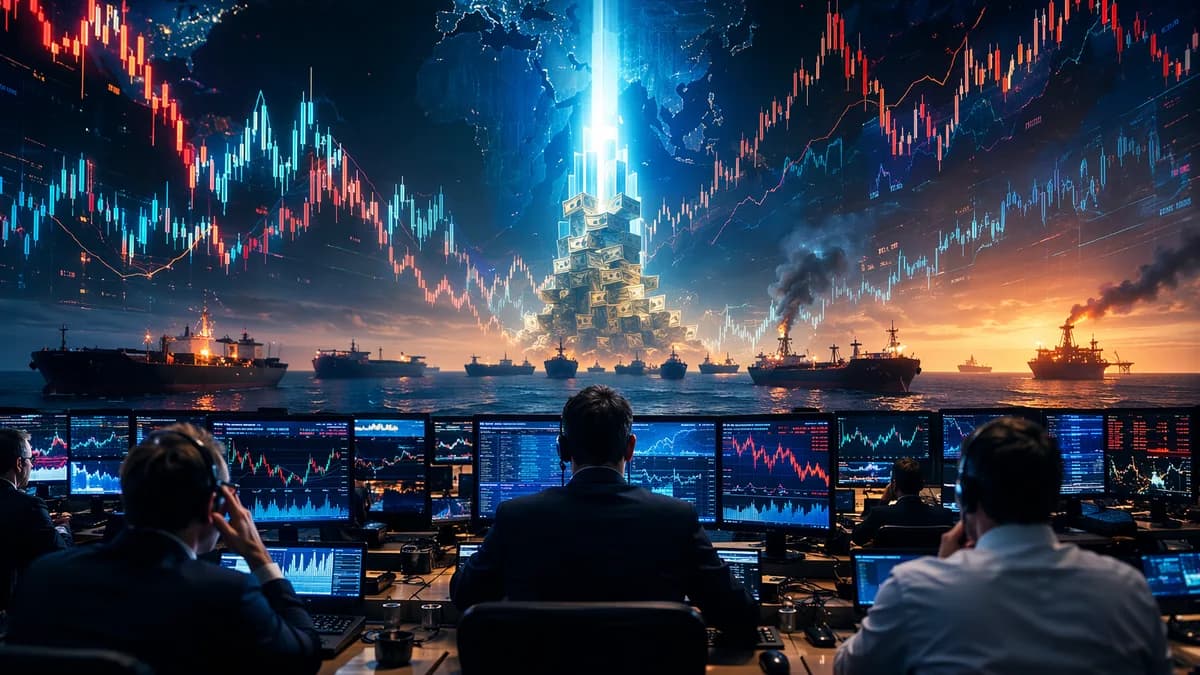 Trading floor with abstract market charts and strong-dollar risk aversion theme