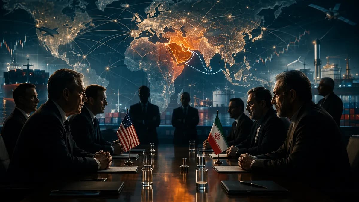 US-Iran framework talks shown with negotiators, world map, and Hormuz trade routes in a tense geopolitical scene
