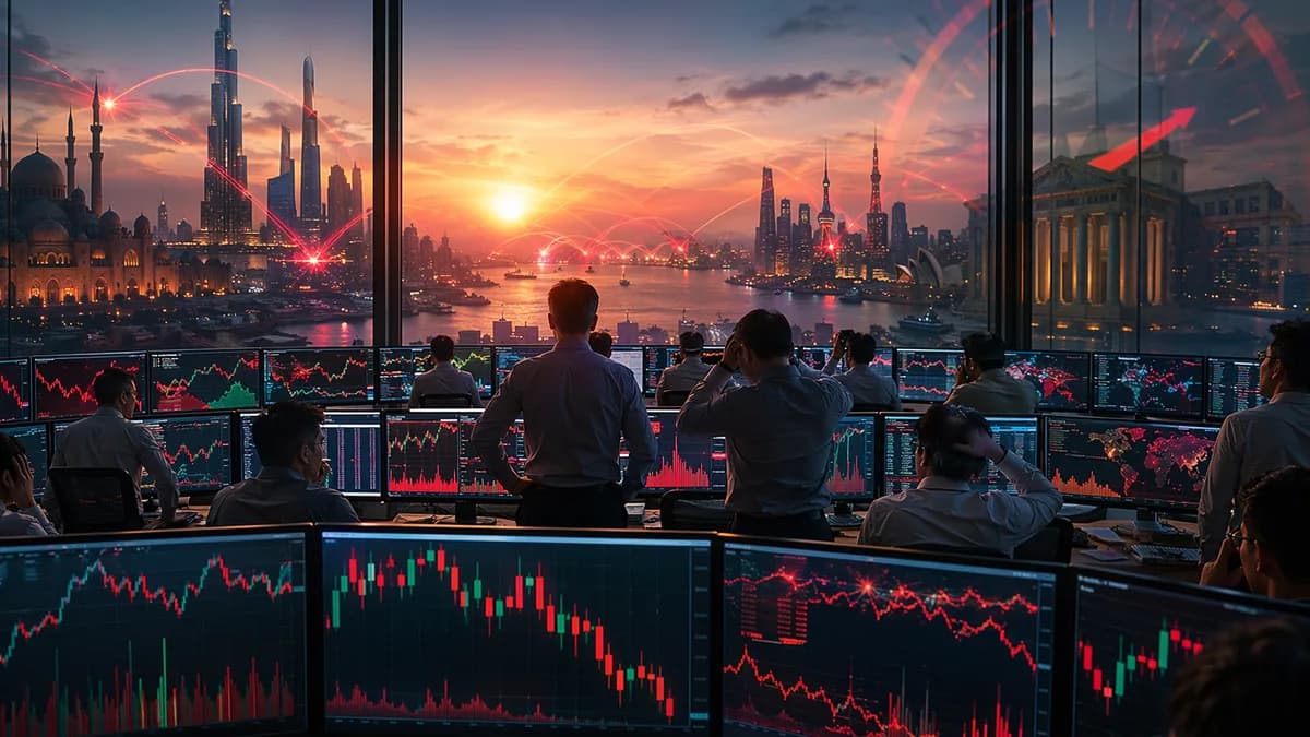 Asian trading floor with falling charts and geopolitical tension reflected in market screens