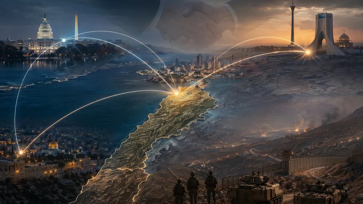 Geopolitical map of Lebanon and Israel with global links, diplomacy, and military tension.