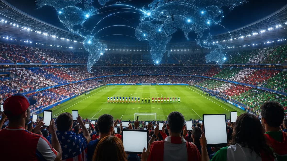 Global soccer streaming scene with stadium, devices, world map, and connection arcs before kickoff.