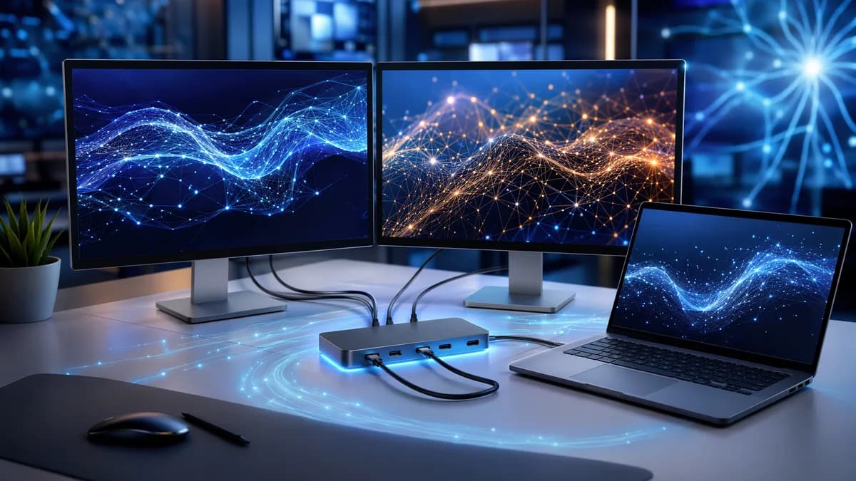 USB-C docking station powering a laptop and dual monitors in a sleek futuristic workspace.