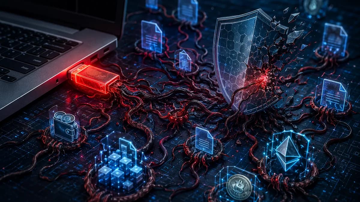 USB malware infecting a laptop and targeting crypto wallet data in a dark cybersecurity scene