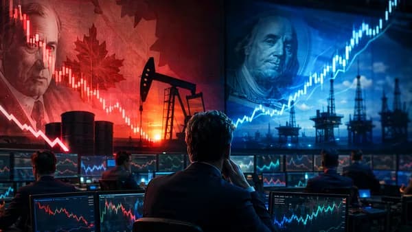 Canadian dollar under pressure as oil prices ease and USD/CAD rises in a trading floor scene.