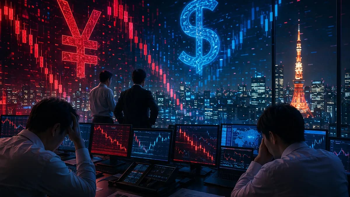 Tokyo trading desk with glowing market charts, symbolizing USD/JPY intervention tension.