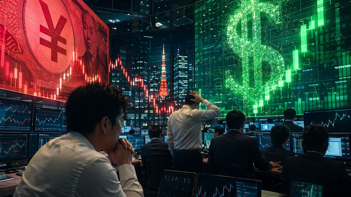 FX traders monitor yen volatility and intervention risk on a cinematic trading floor