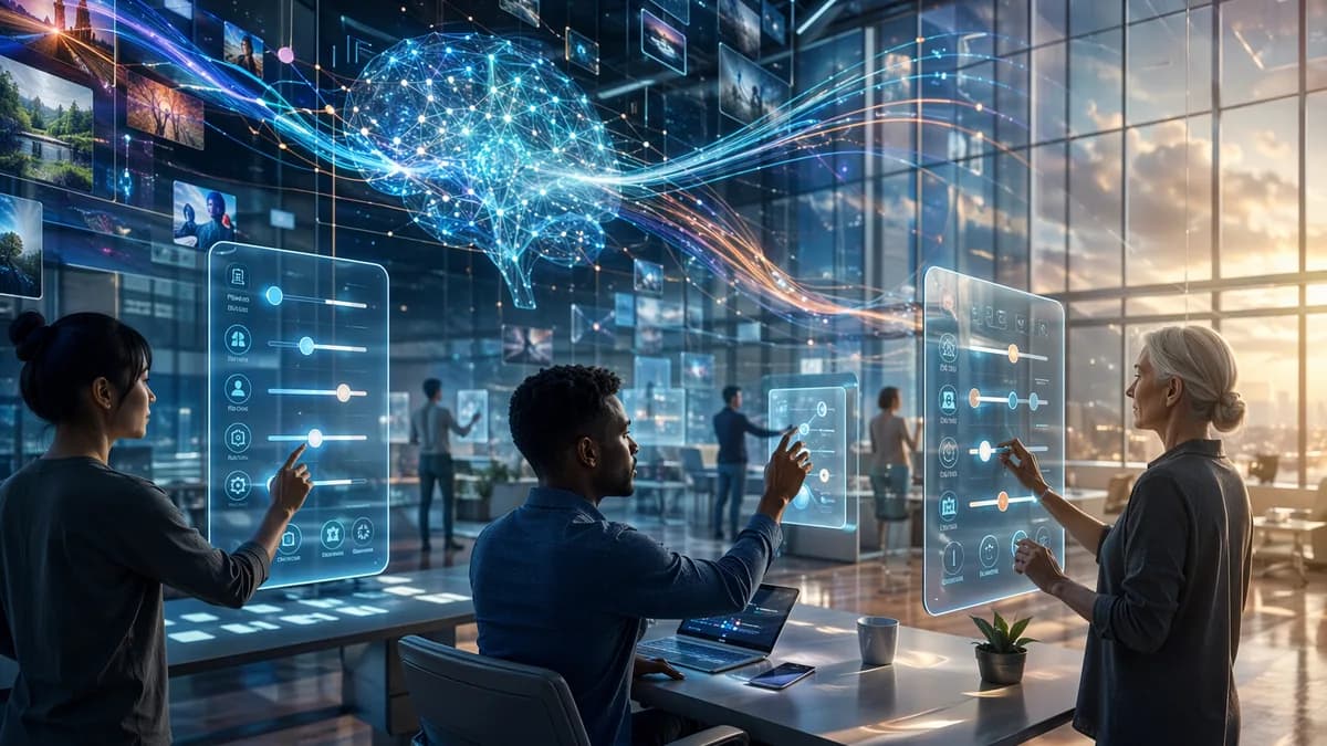 Users adjust transparent social feed controls in a futuristic AI workspace.