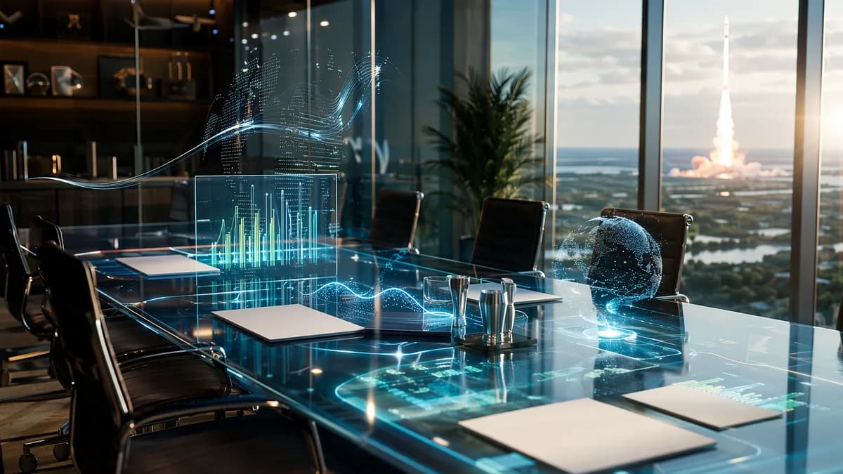 Futuristic venture capital office with holographic finance visuals and a rocket silhouette