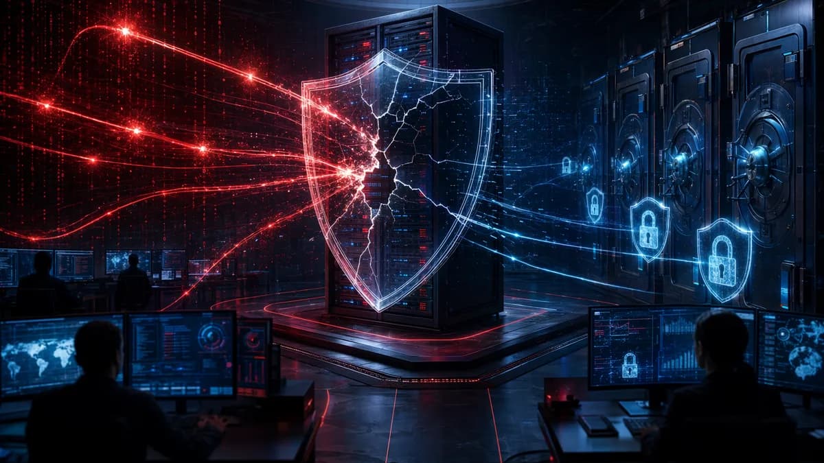 Backup server under cyberattack with cracked shield, locks, and dark data streams