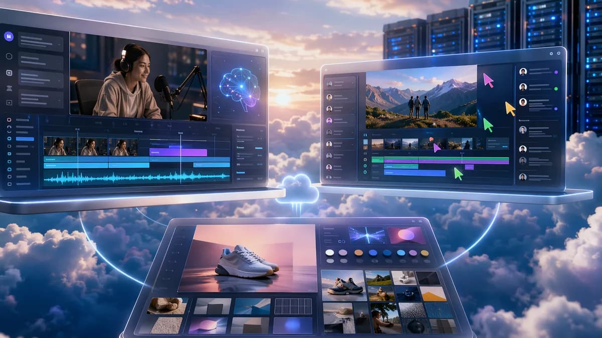 Three modern SaaS video editing dashboards highlighting AI captions, collaboration, and brand workflows.