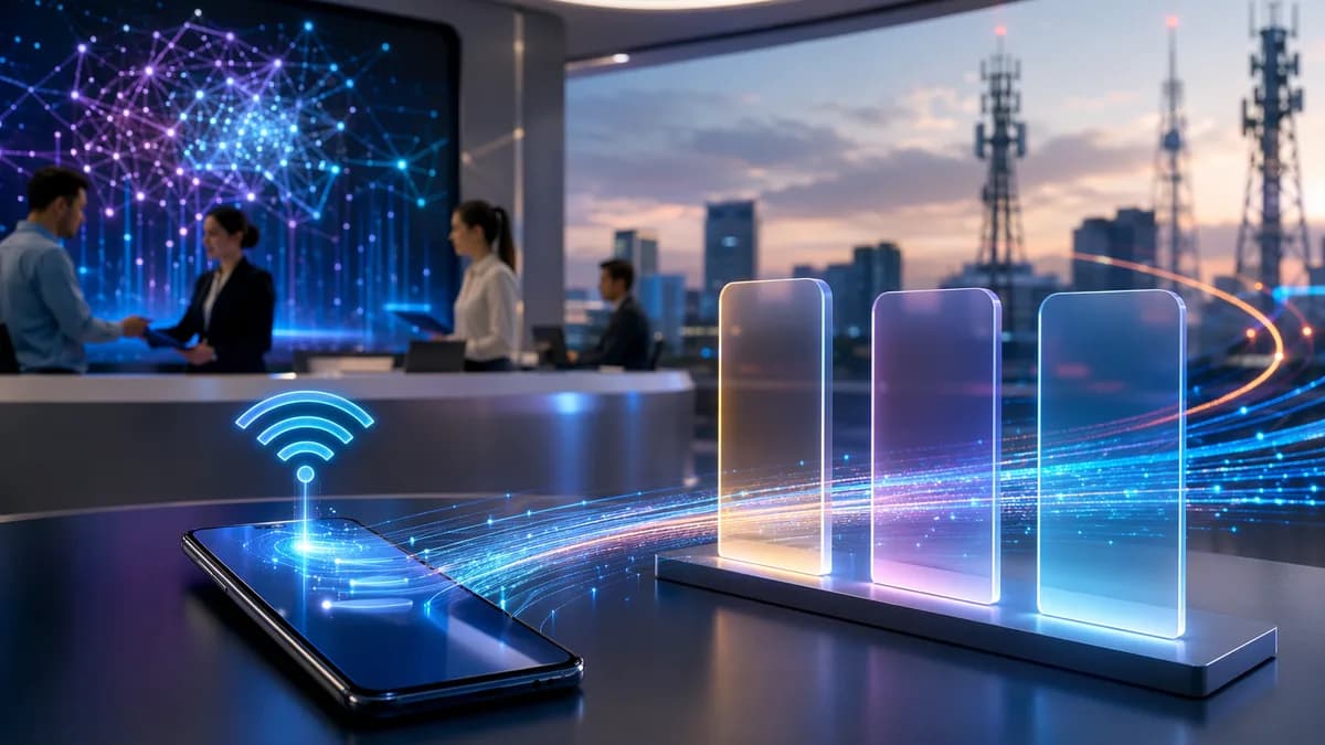 Smartphone with glowing telecom network signals and blank plan panels in a futuristic workspace.
