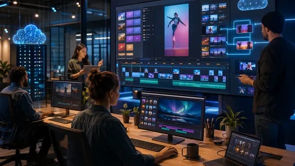 Modern team using fast AI video editing software with vertical timelines and cloud workflow visuals.