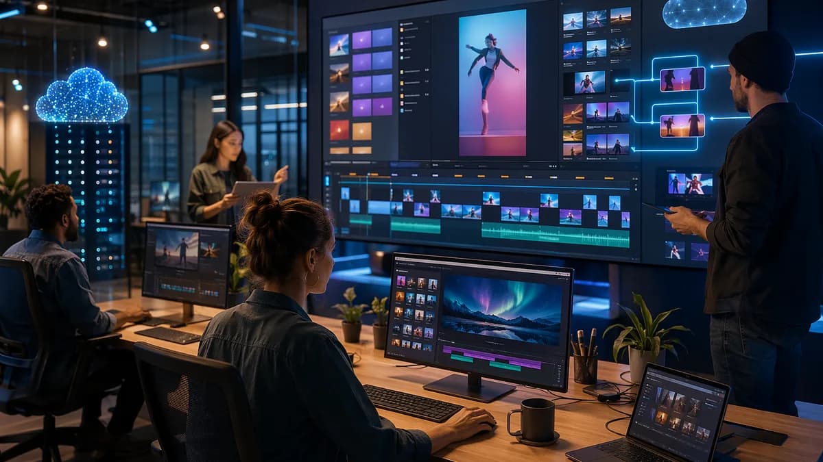 Modern team using fast AI video editing software with vertical timelines and cloud workflow visuals.