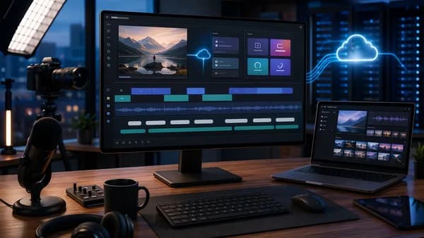 Modern course creator workstation with abstract video editing dashboard, audio, captions, and cloud workflow.