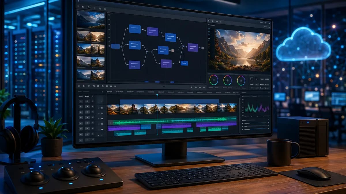 AI video editing dashboard automating faceless YouTube production in a modern SaaS workspace