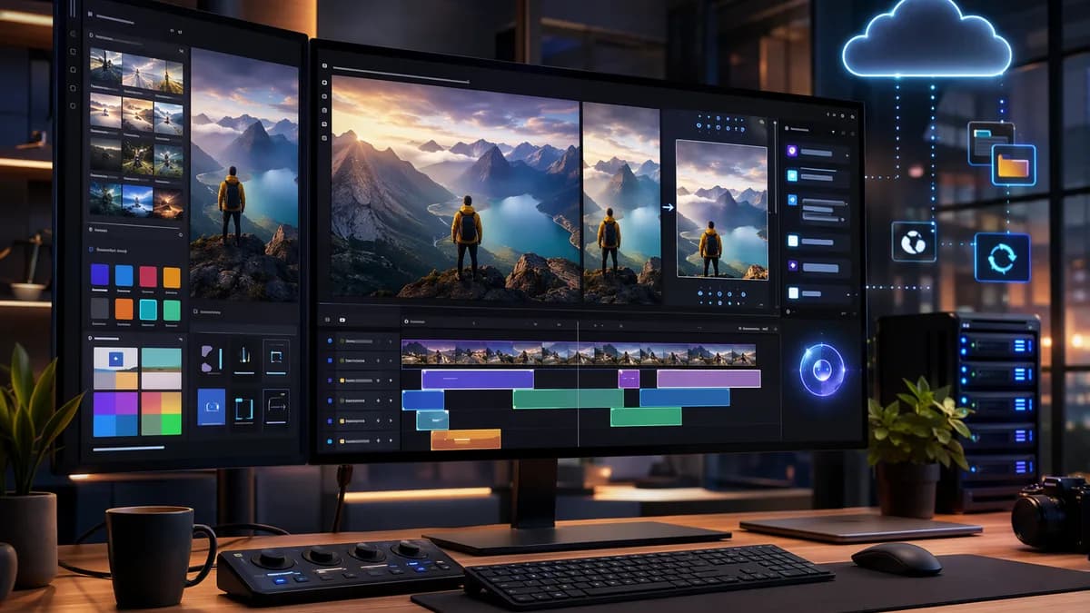 Creator workstation with modern AI video editing dashboard, templates, cloud sync, and multi-format previews.