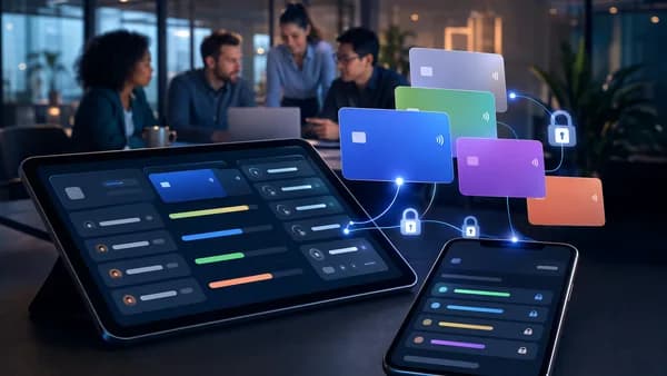 Virtual debit cards and controls visualized in a modern startup finance dashboard.
