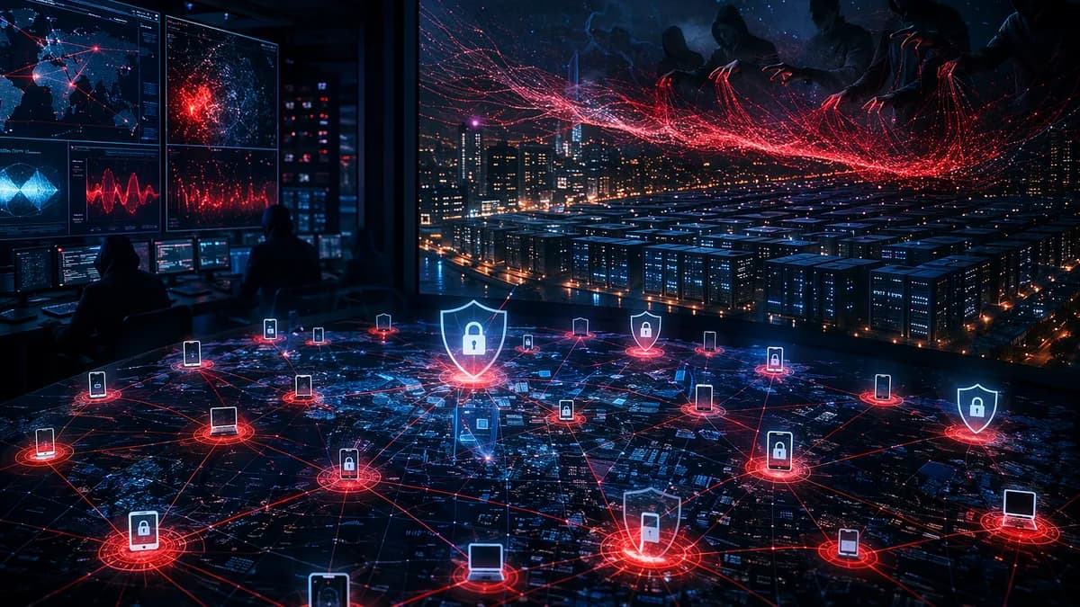 Shadowy cyber actors rebuild botnet networks around a glowing AI datacenter in a dark security scene.