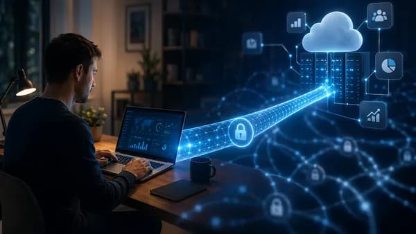 Remote worker using a secure dedicated VPN connection to cloud apps and hosting infrastructure